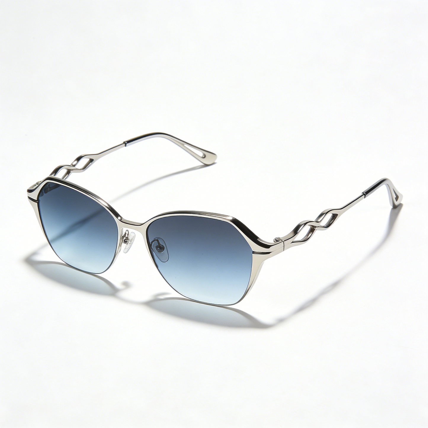 Silver Hollow-Cut Metal Frame Blue Gradient Sunglasses