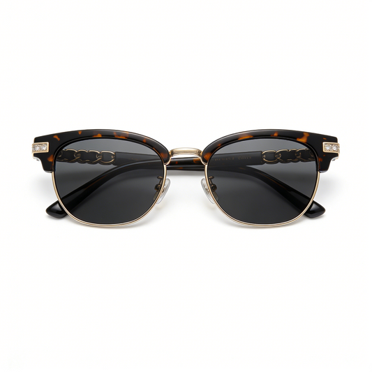 Tortoiseshell Browline Half-Rim Sunglasses with Crystal Accents