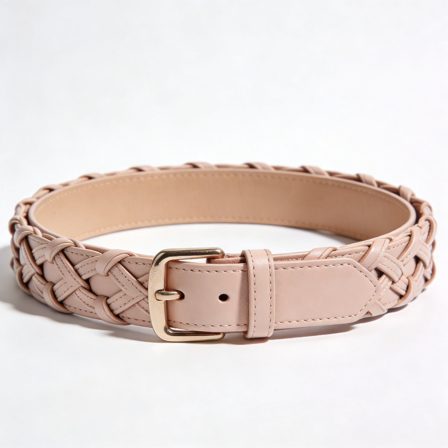 Pink Braided Wide Leather Belt with Gold Buckle