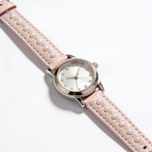 Minimalist Silver Pink Leather Women's Watch with Pearl & Diamond Accents