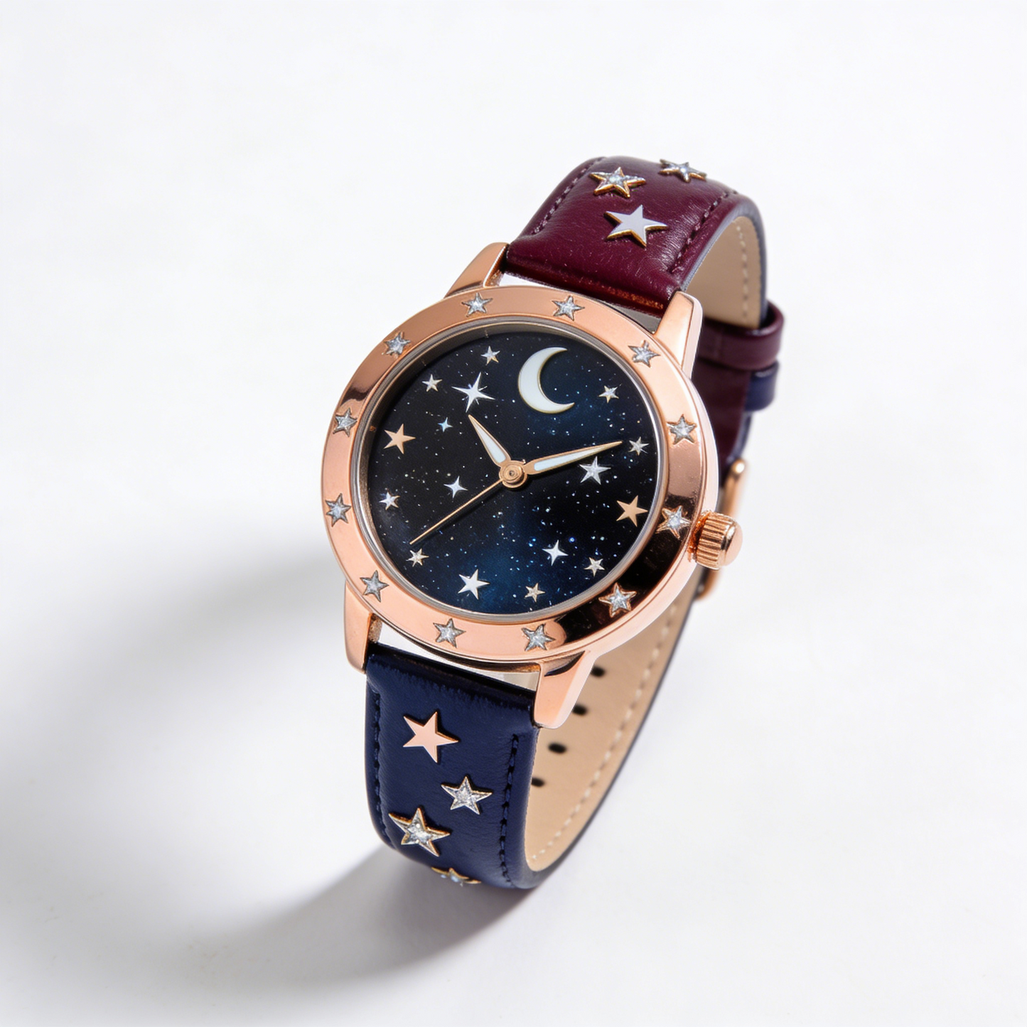 Starry Night Rose Gold Women's Watch with Moon & Star Dial