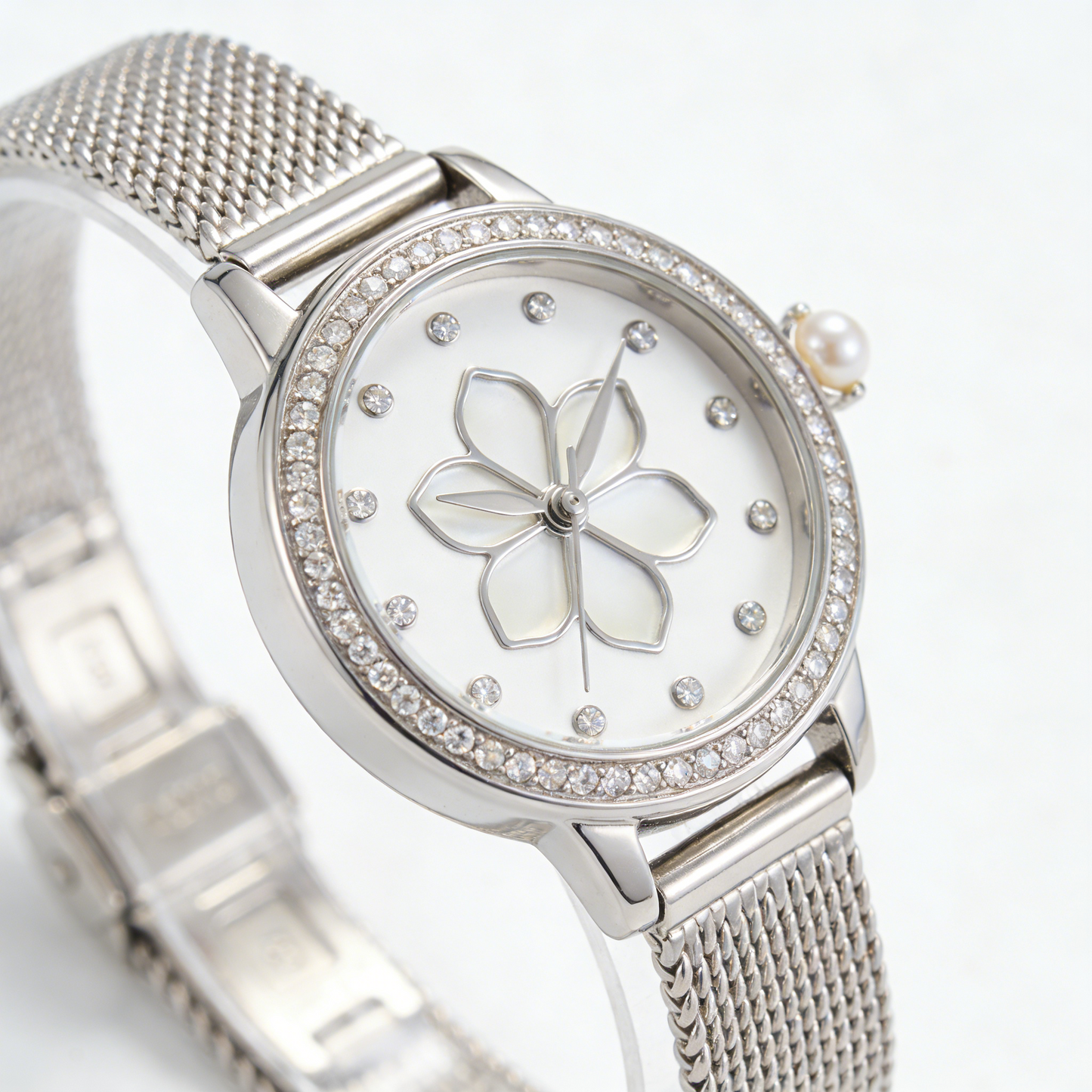 Silver Flower Mother of Pearl Women's Watch with Mesh Strap