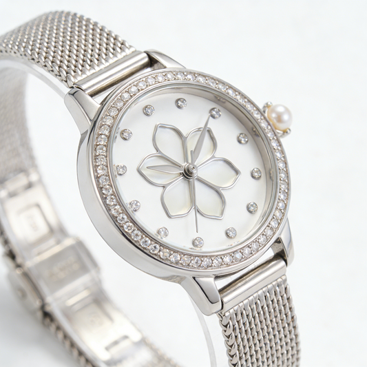 Silver Flower Mother of Pearl Women's Watch with Mesh Strap