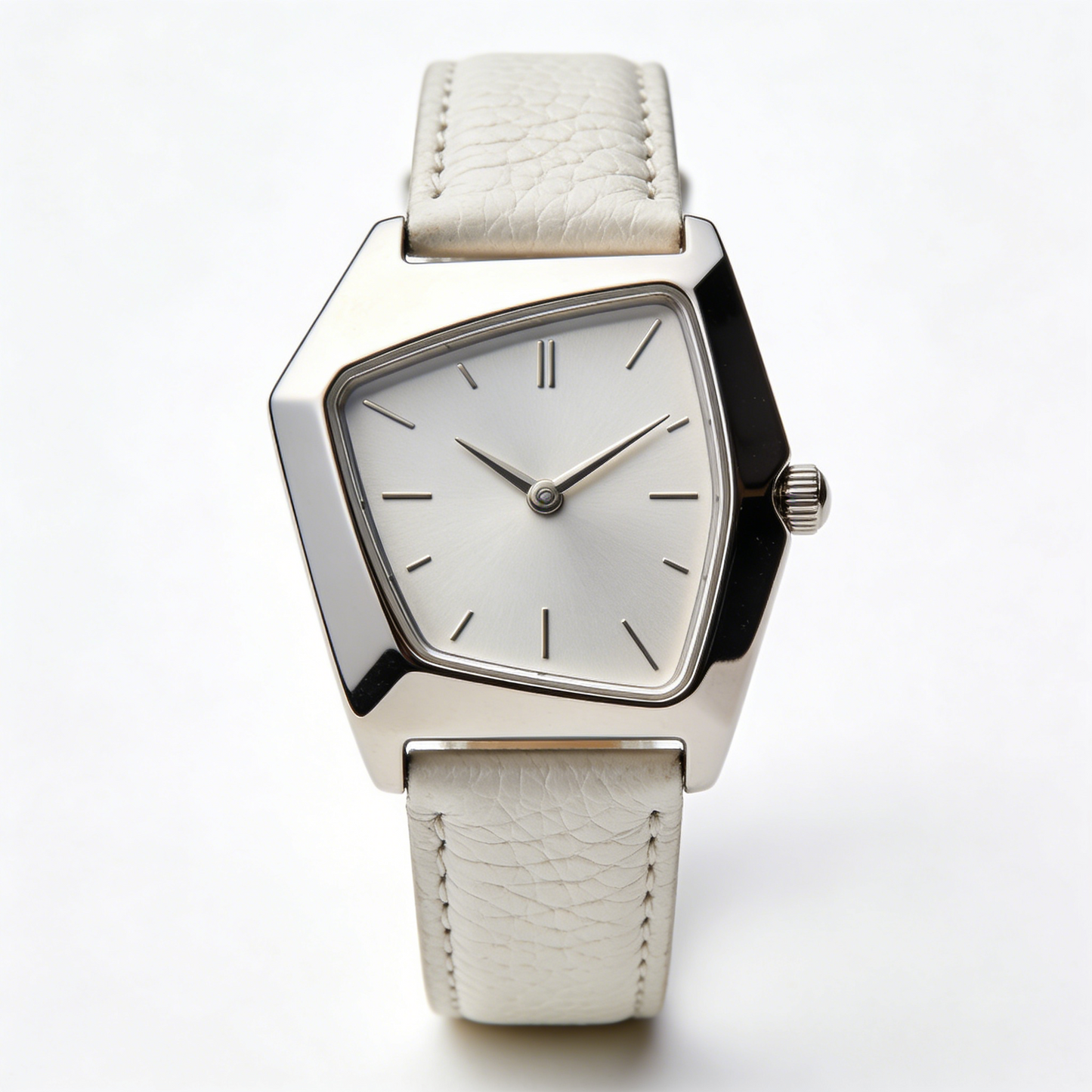 Geometric Trapezoid Silver Women's Watch with White Leather Strap