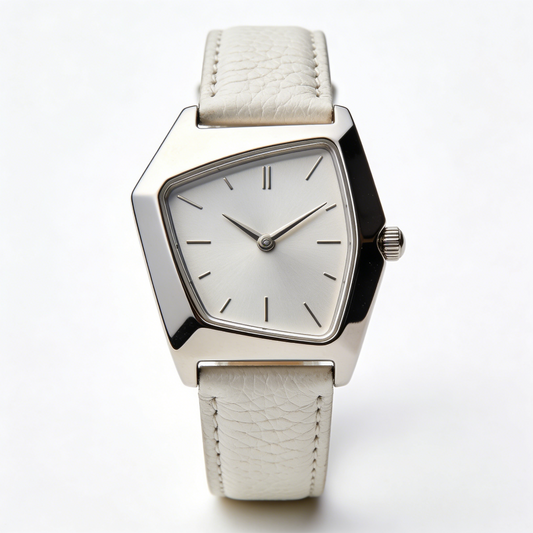 Geometric Trapezoid Silver Women's Watch with White Leather Strap