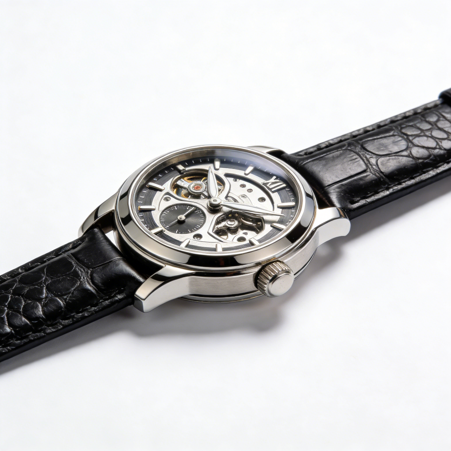 Skeleton Automatic Mechanical Men's Watch with Crocodile Strap