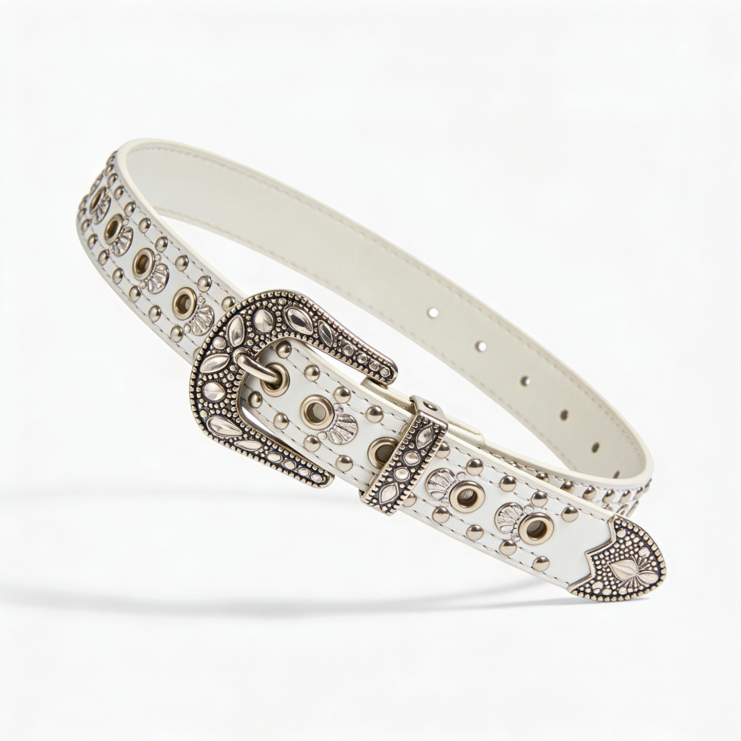 Vintage Western Style White Leather Belt with Antique Silver Studs