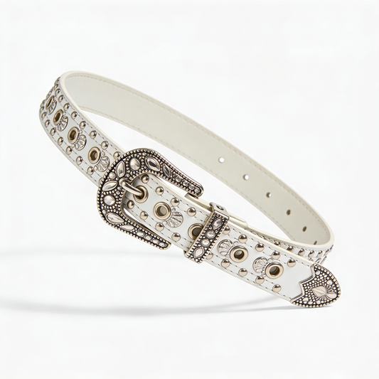 Vintage Western Style White Leather Belt with Antique Silver Studs