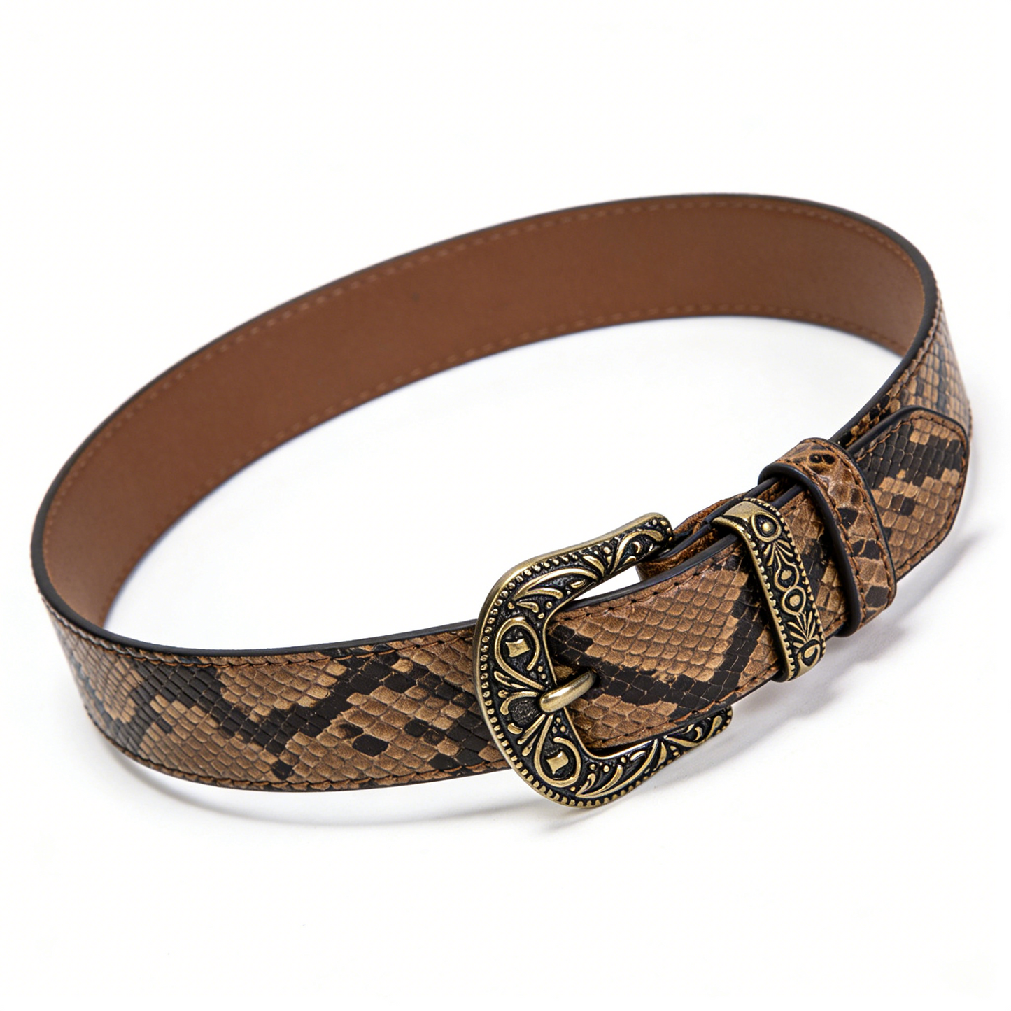 Snakeskin Print Vintage Leather Belt with Antique Brass Buckle