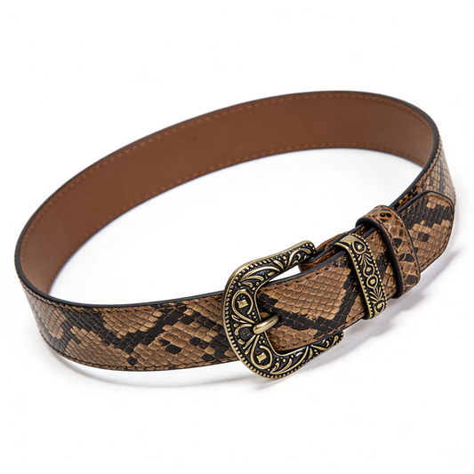 Snakeskin Print Vintage Leather Belt with Antique Brass Buckle