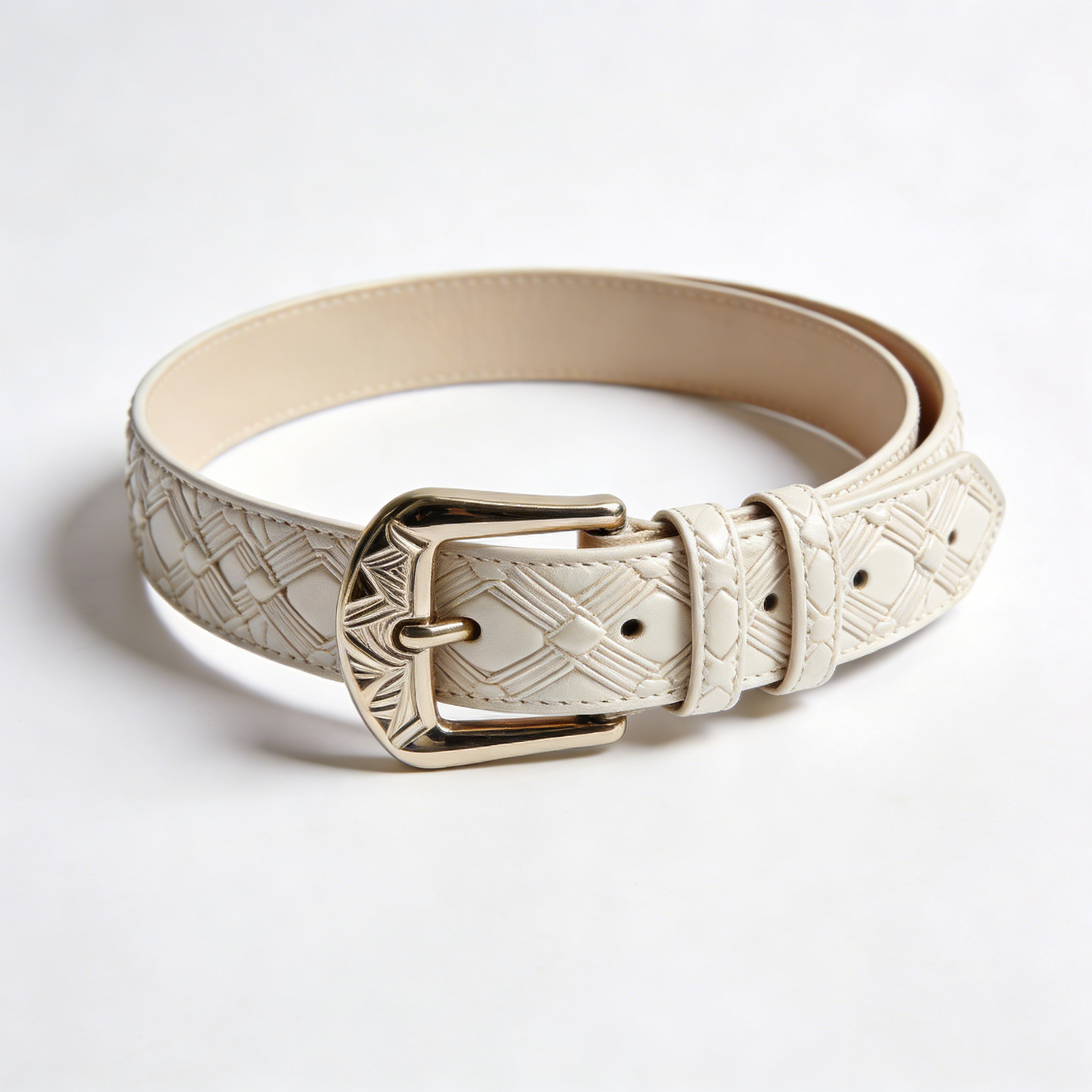 White Embossed Geometric Leather Women's Belt with Gold Buckle