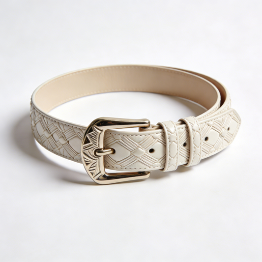 White Embossed Geometric Leather Women's Belt with Gold Buckle