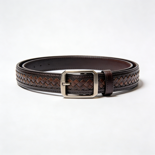 Luxury Brown Braided Leather Men's Belt with Silver Buckle