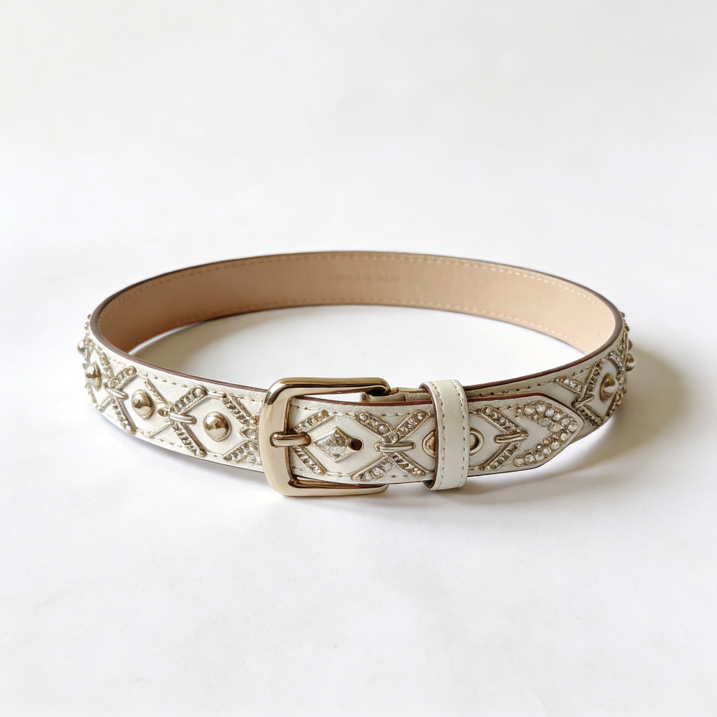 White Rhinestone Studded Women's Leather Belt with Gold Buckle