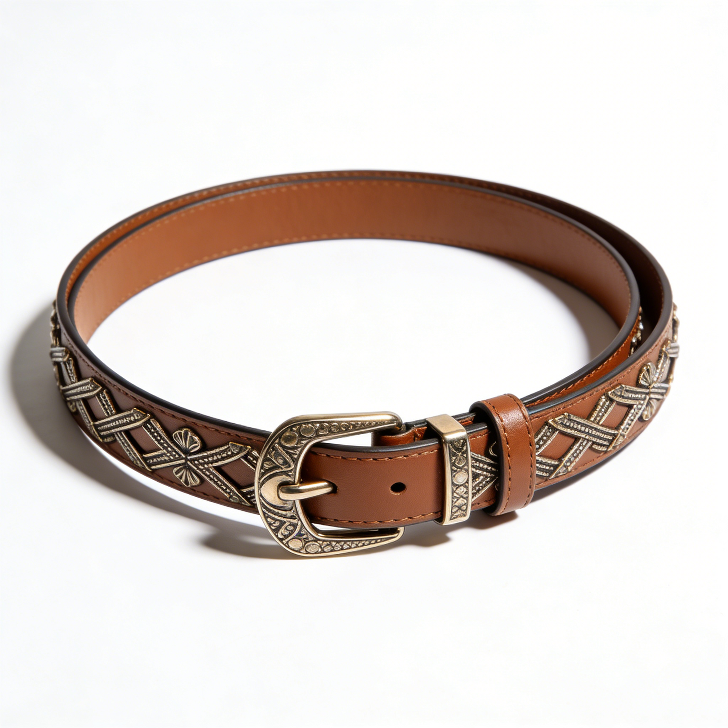 Brown Vintage Embellished Leather Belt with Antique Buckle