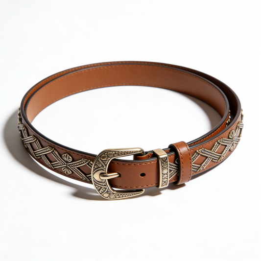Brown Vintage Embellished Leather Belt with Antique Buckle