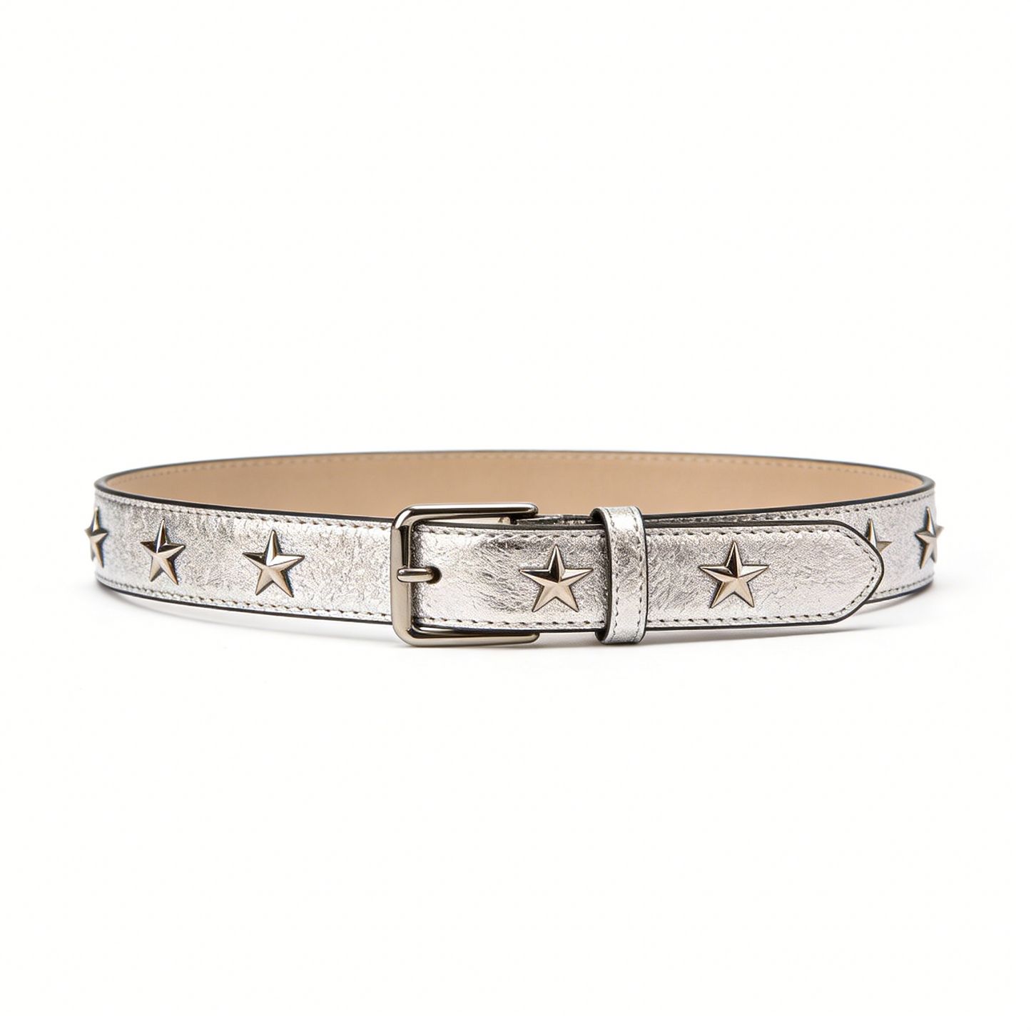 Silver Star Studded Metallic Leather Belt