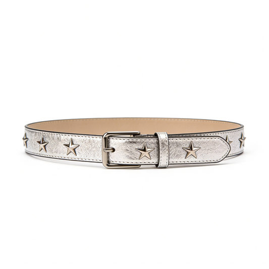 Silver Star Studded Metallic Leather Belt