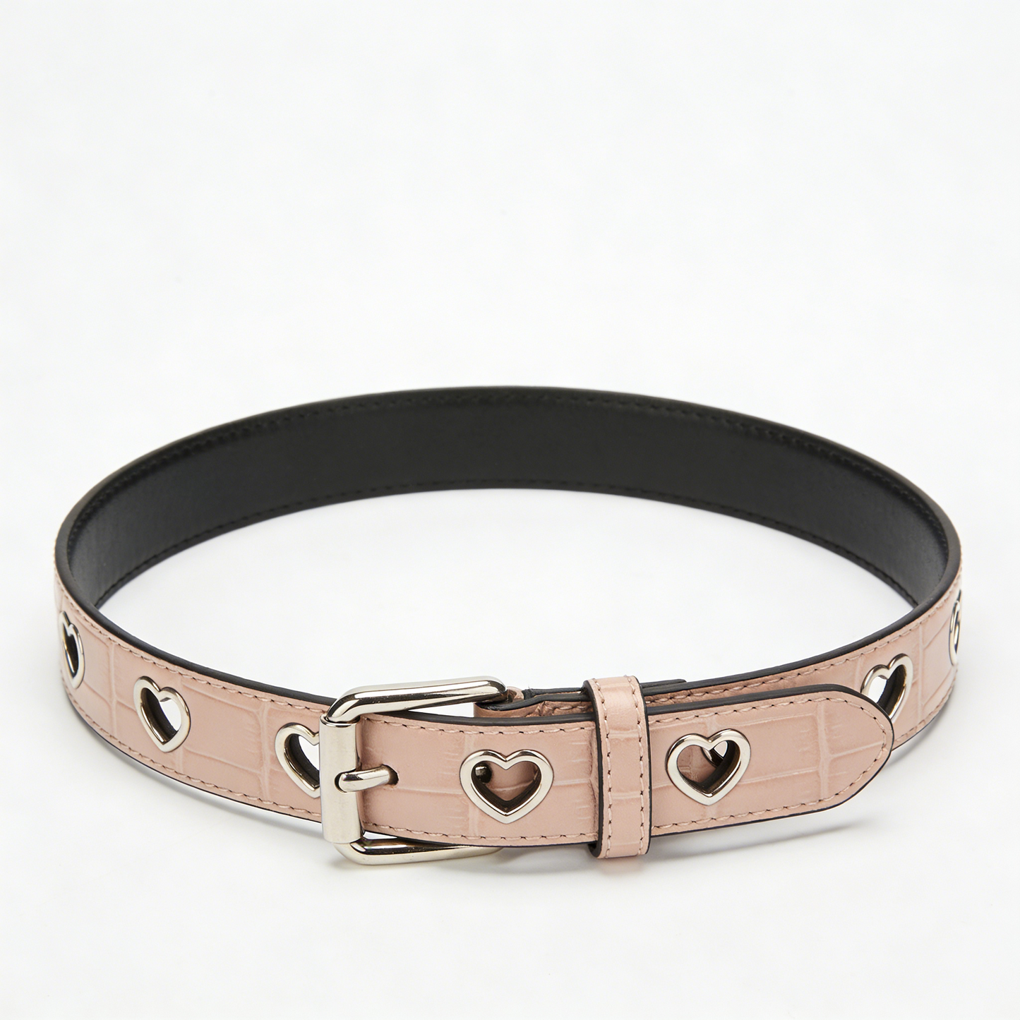 Pink Crocodile Embossed Heart Cutout Leather Belt