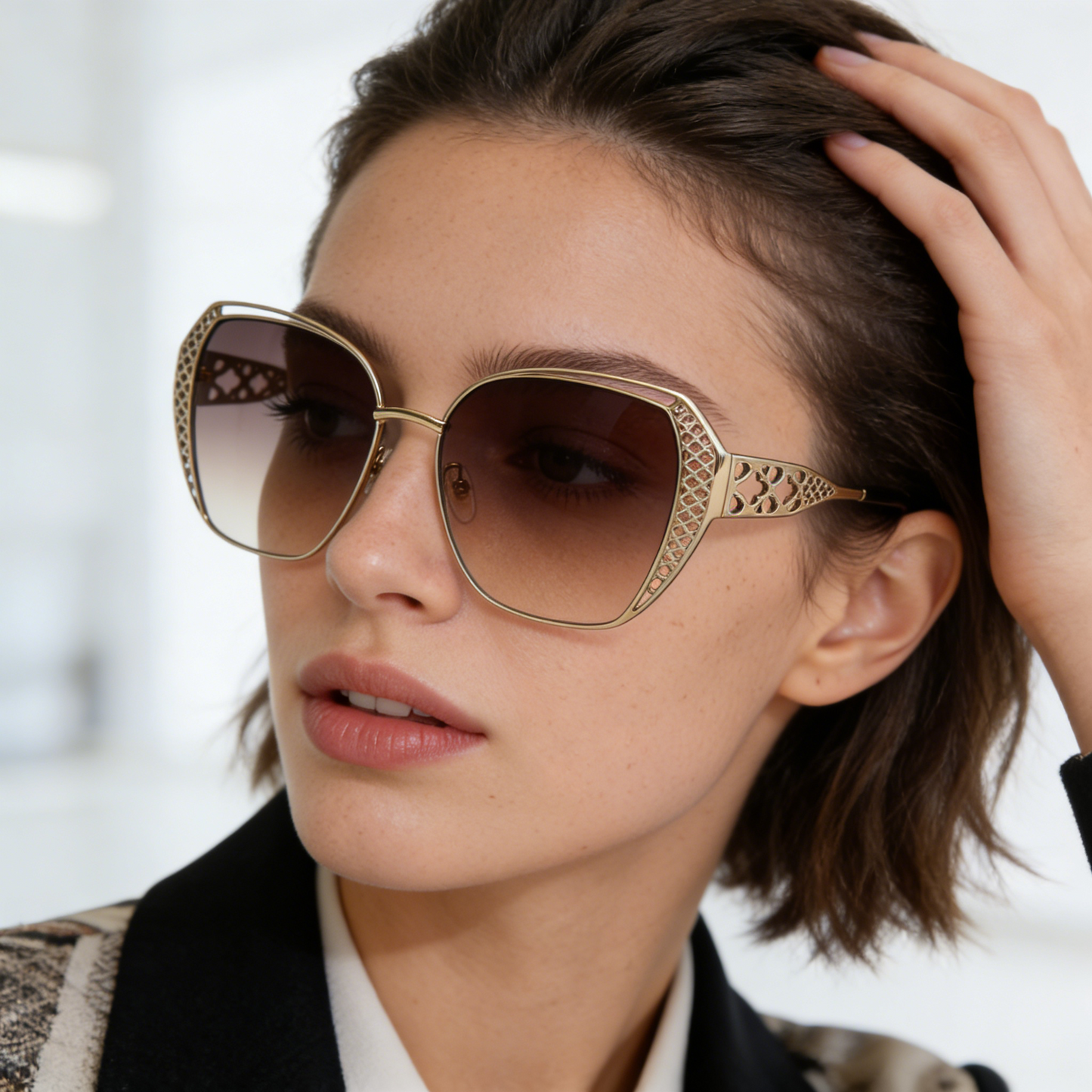 Modern Geometric Cutout Cat Eye Sunglasses Gold Tone