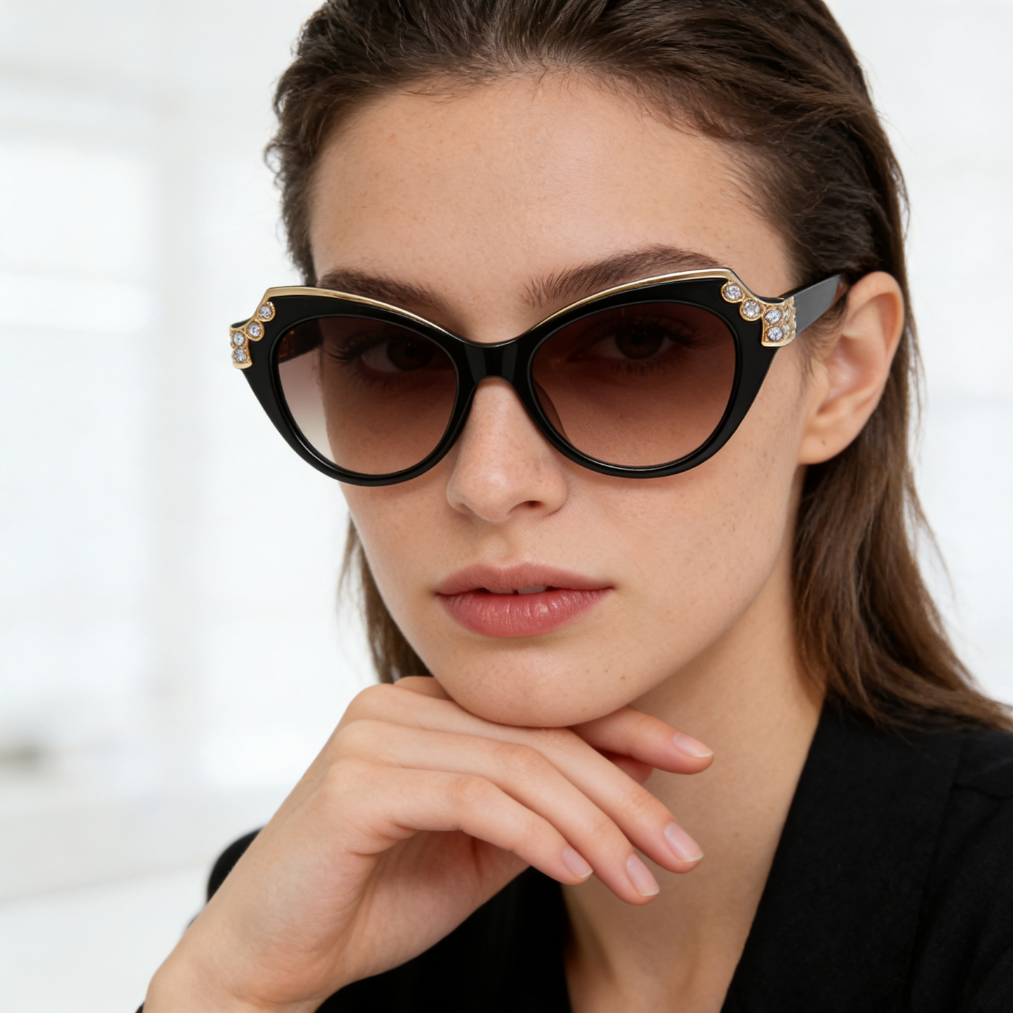 Sparkling Crystal Cat Eye Sunglasses Black Frame
