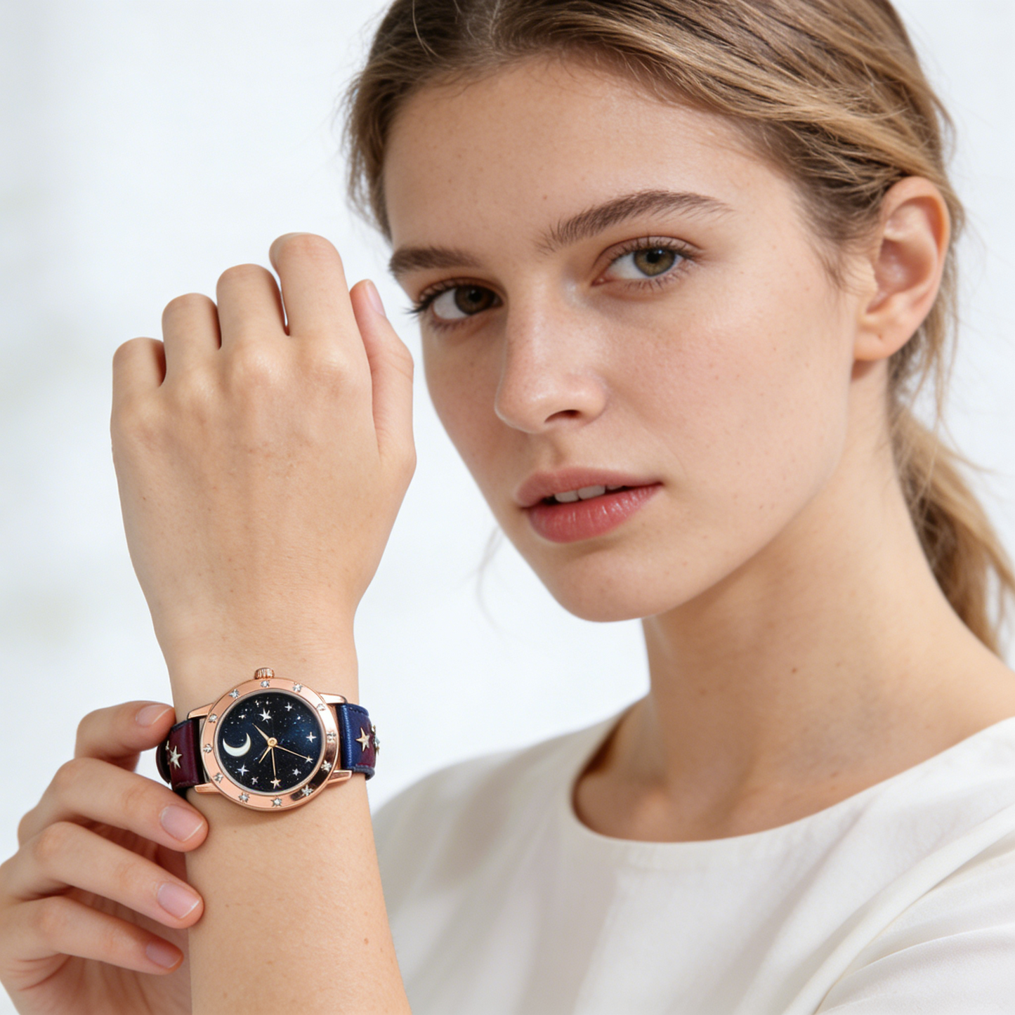 Starry Night Rose Gold Women's Watch with Moon & Star Dial