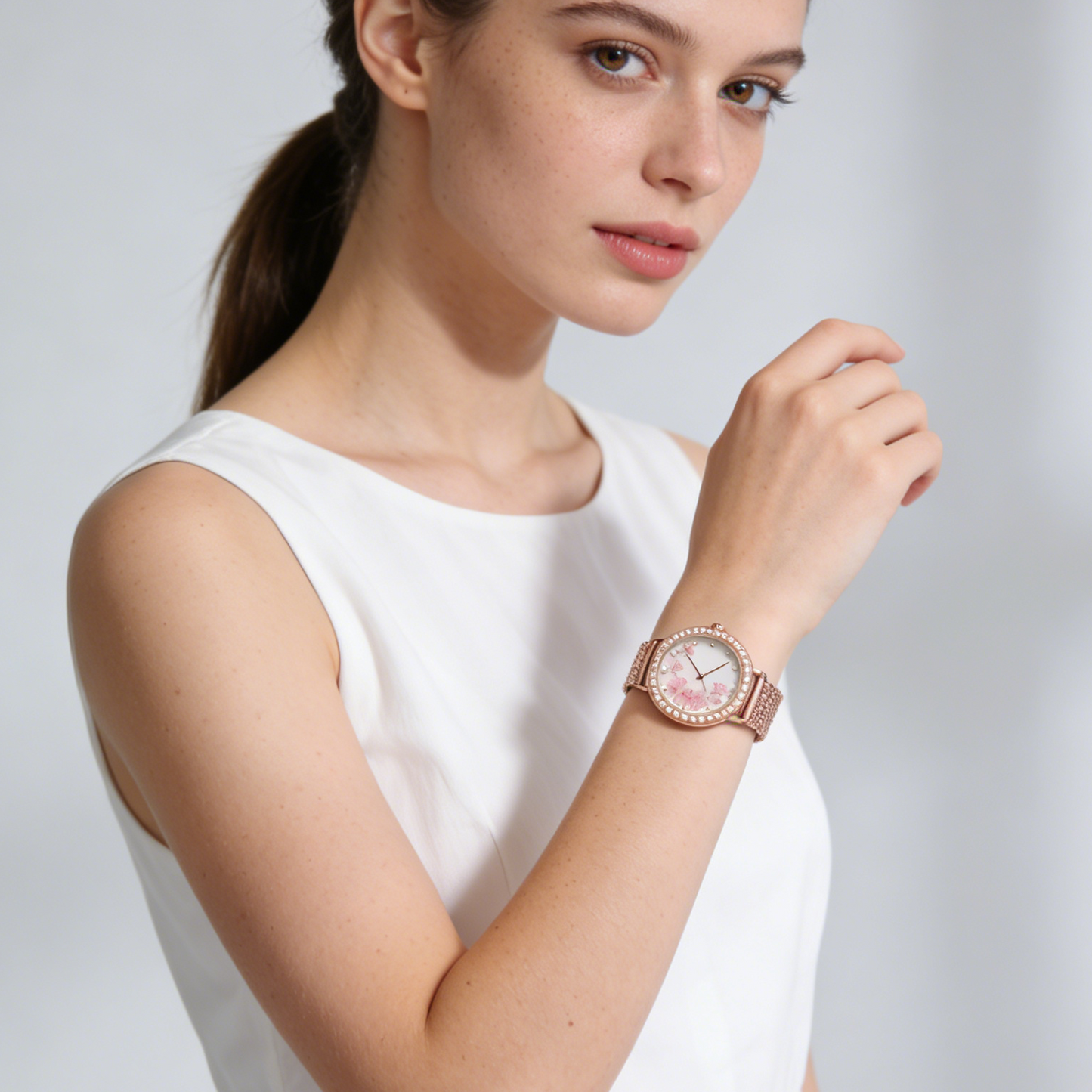 Cherry Blossom Rose Gold Mesh Women's Watch with Pearl Bezel