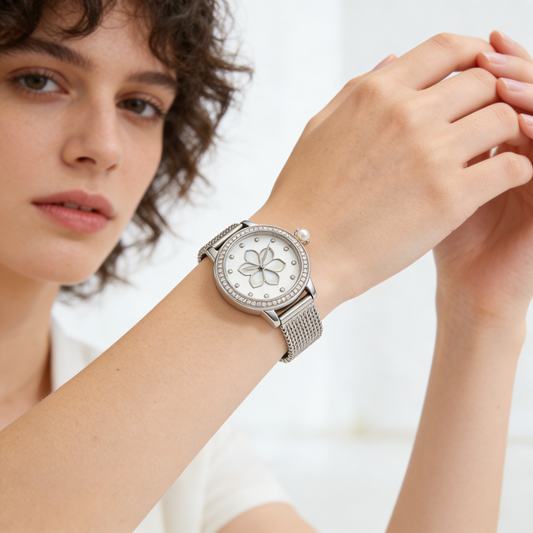 Silver Flower Mother of Pearl Women's Watch with Mesh Strap