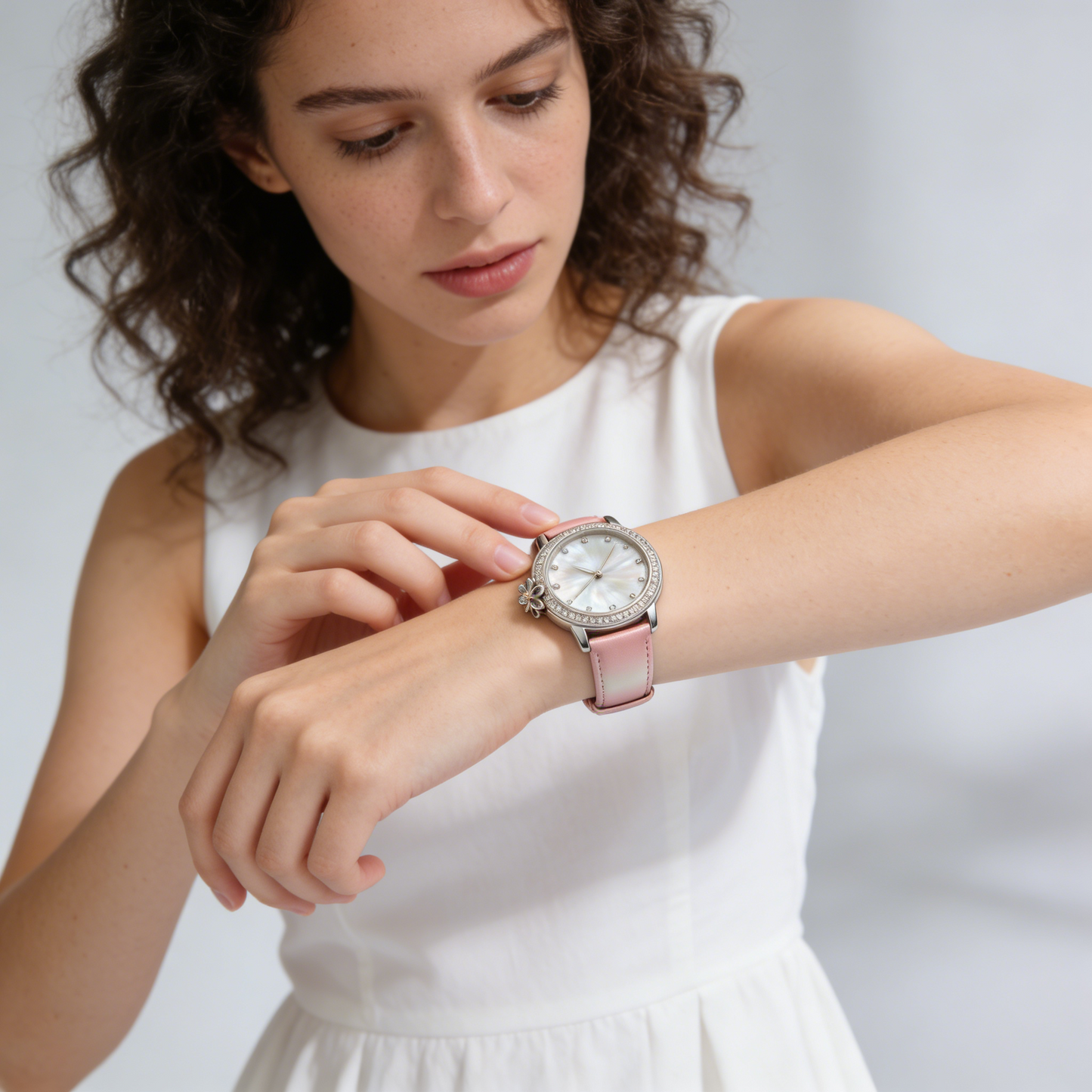 Luxury Pink Gradient Leather Women's Watch with Mother of Pearl Dial