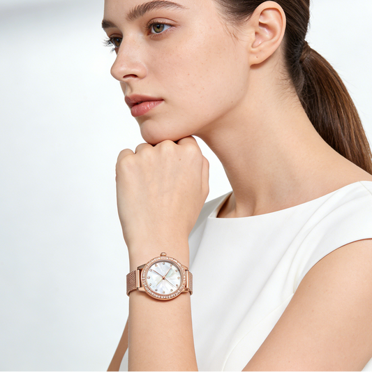 Rose Gold Mother of Pearl Mesh Women's Watch with Crystal Bezel