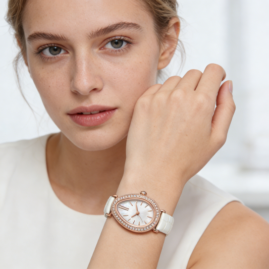 Rose Gold Teardrop Mother of Pearl Women's Watch with Crystal Bezel