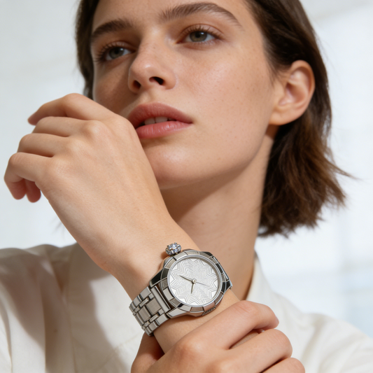 Luxury Silver Star Pattern Women's Watch with Diamond Crown