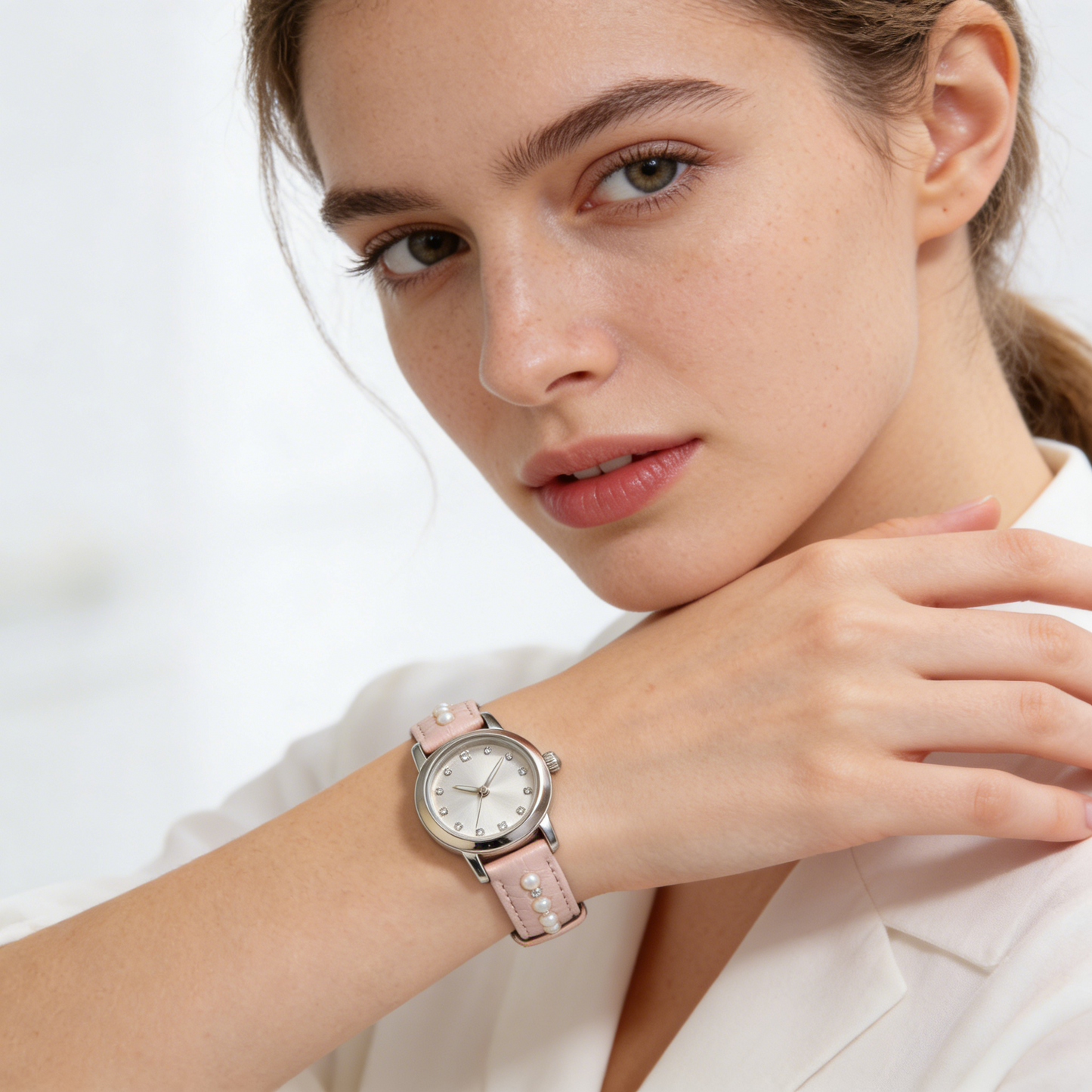 Minimalist Silver Pink Leather Women's Watch with Pearl & Diamond Accents