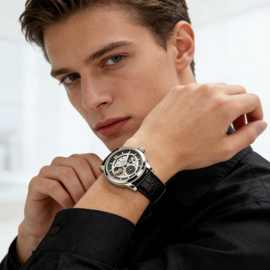 Skeleton Automatic Mechanical Men's Watch with Crocodile Strap