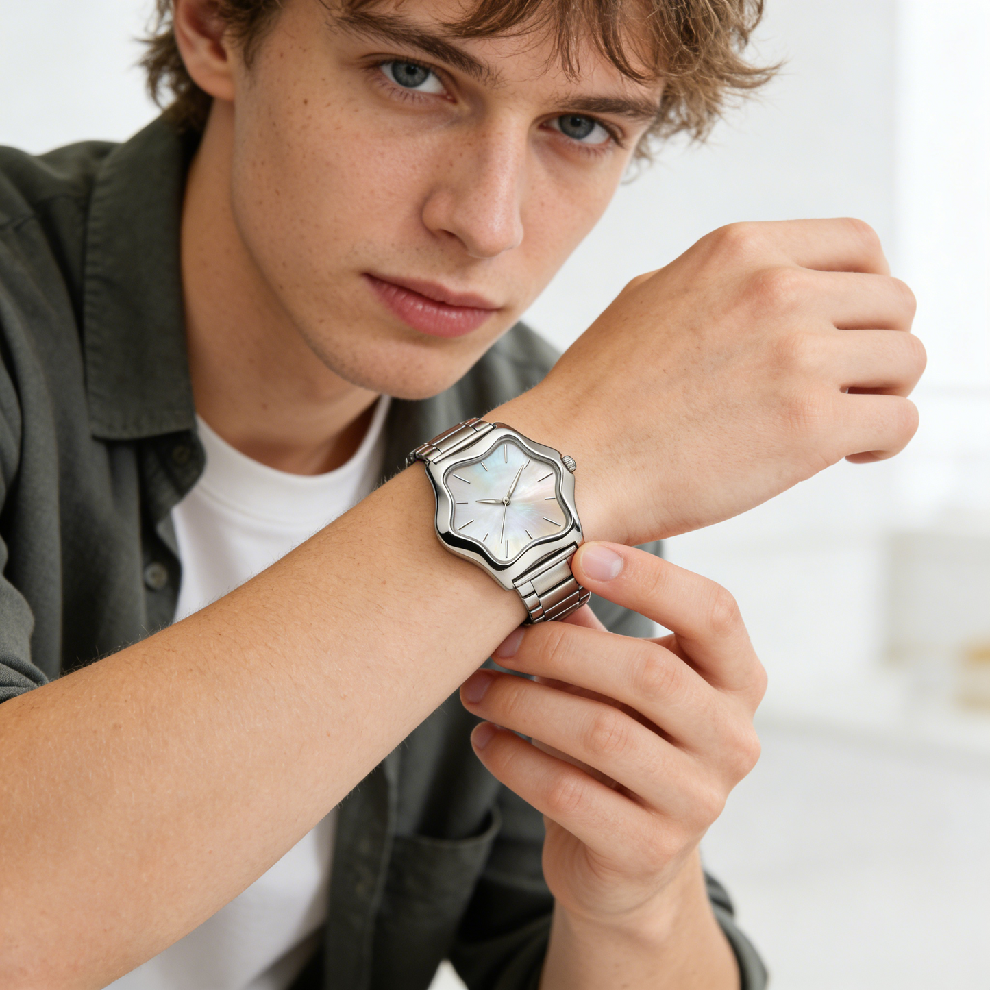 Wavy Case Mother of Pearl Watch with Stainless Steel Band