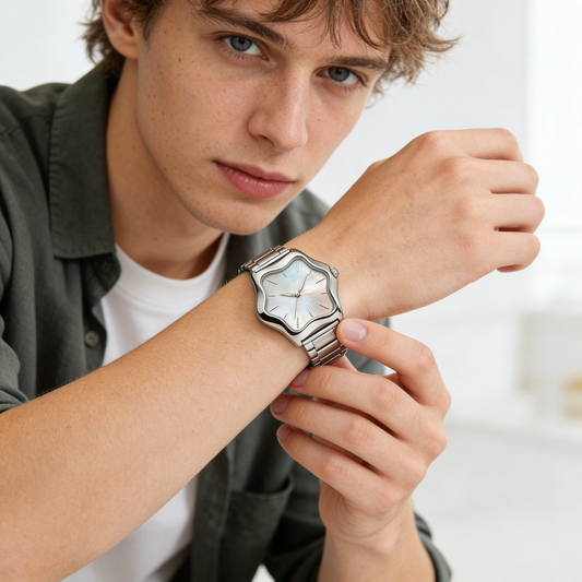 Wavy Case Mother of Pearl Watch with Stainless Steel Band