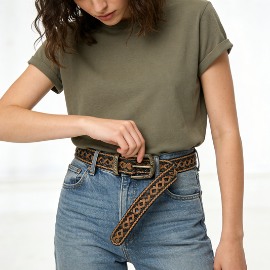 Two-Tone Openwork Braided Leather Belt with Gold Buckle
