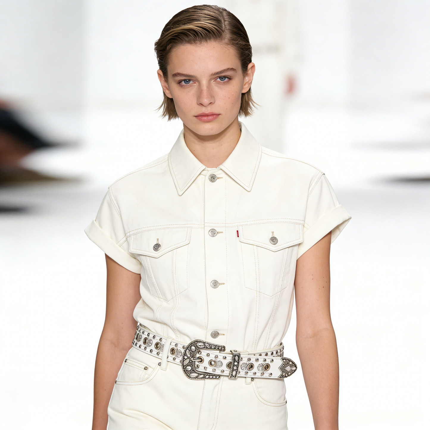 Vintage Western Style White Leather Belt with Antique Silver Studs