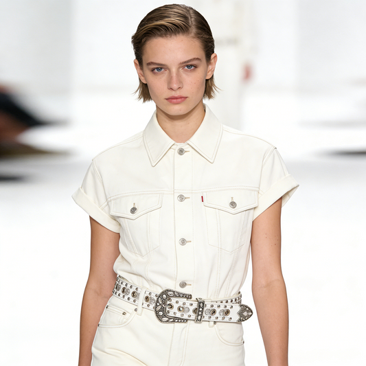 Vintage Western Style White Leather Belt with Antique Silver Studs