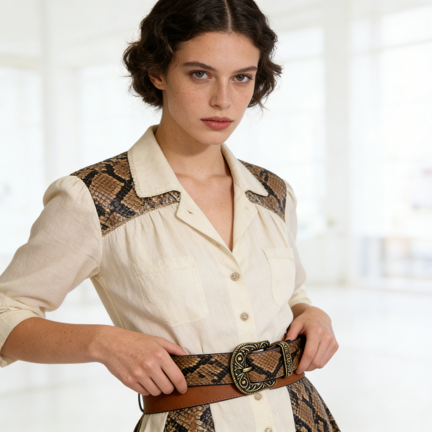 Snakeskin Print Vintage Leather Belt with Antique Brass Buckle