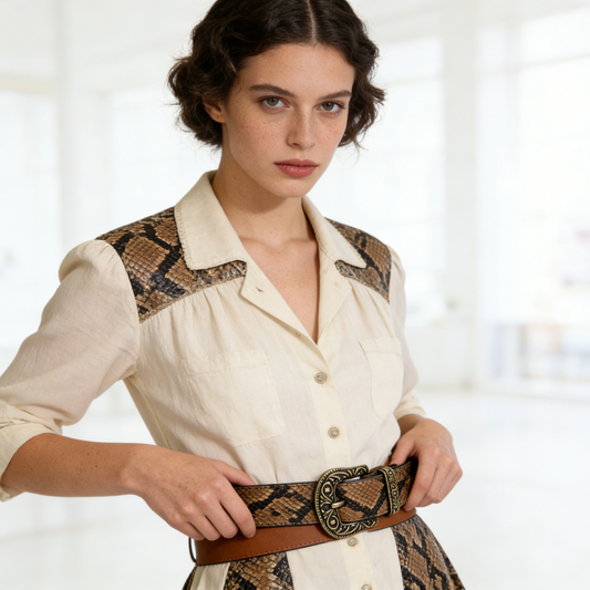 Snakeskin Print Vintage Leather Belt with Antique Brass Buckle