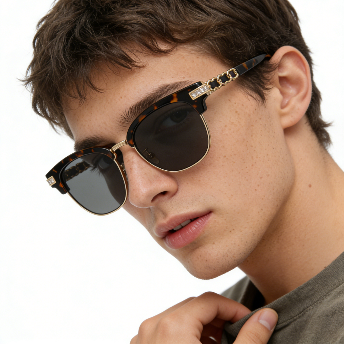 Tortoiseshell Browline Half-Rim Sunglasses with Crystal Accents